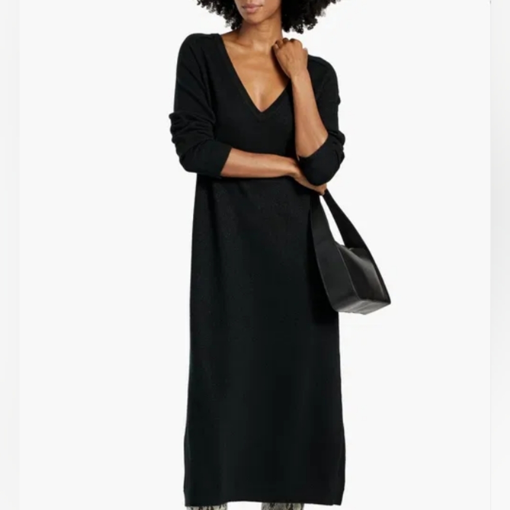 Wilfred Black Leia Merino Wool + Cashmere V Neck Midi Dress S